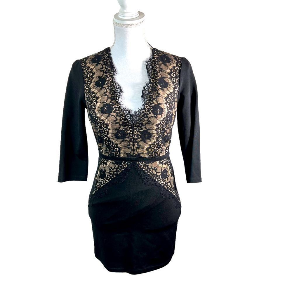 Bebe Black Bride Lace V Neck Bodycon Dress